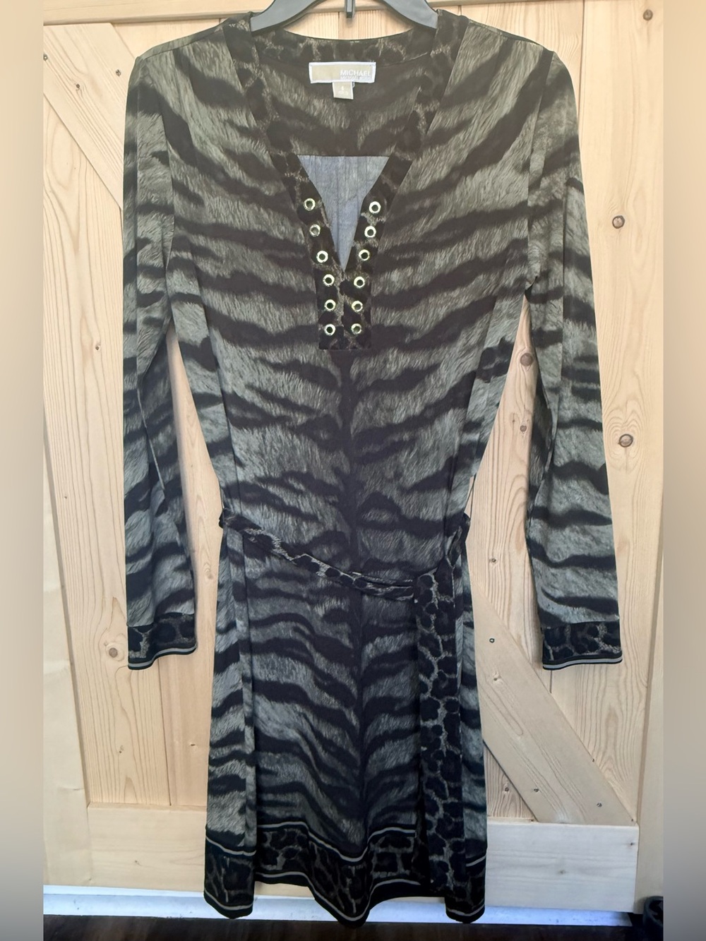 Michael Kors Olive & Black Zebra-Stripe Long Sleeve Dress